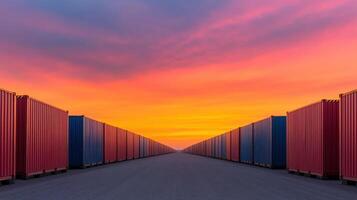Rows of colorful shipping containers under vibrant sunset sky create striking visual. scene captures essence of industrial transport and logistics, evoking sense of calm and order photo