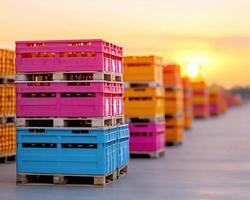 Vibrant stacked crates in pink, blue, and orange against sunset backdrop create lively scene. colorful arrangement adds cheerful touch to industrial setting photo