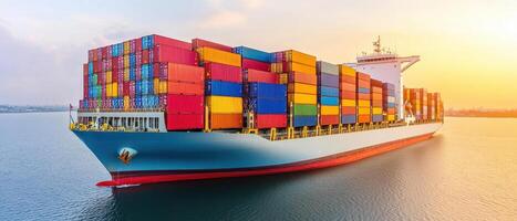 Vibrant cargo ship unloading containers at sunrise, showcasing colorful shipping containers stacked high against serene water backdrop photo