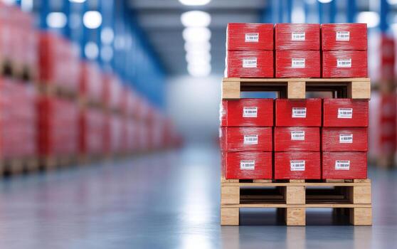Stacked pallets with red boxes and customs labels in warehouse setting, showcasing organized storage and efficient inventory management photo