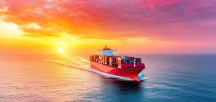 Large container vessel navigating through calm waters at sunset, showcasing vibrant colors in sky and reflecting on ocean surface, creating serene photo