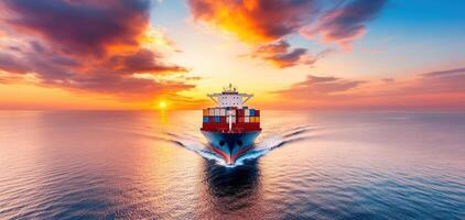 Large container vessel navigating through calm waters at sunset, creating beautiful reflection on ocean surface, with vibrant colors in sky photo