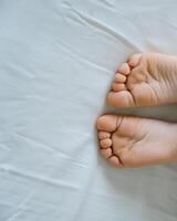 The feet of a small child in a parent's bed on white sheets rolled in a white blanket photo