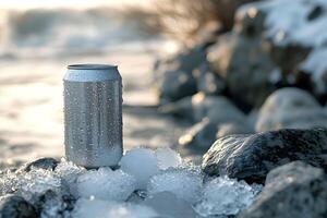 Cold drink can on icy rocks near river. photo