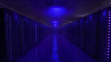 Dark server room with rows of computer servers lit with blue lights. photo