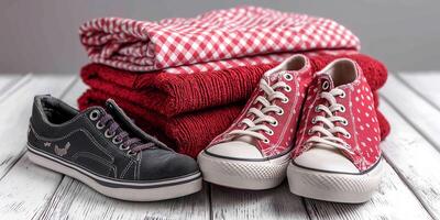 Folded summer clothes and colorful shoes displayed against light gray background photo