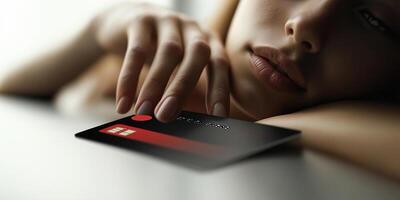 Hand holding a bank card on a plain background with soft light and focused details photo