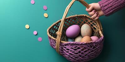 Hand painted pastel eggs arranged in a basket on an olive background with confetti photo