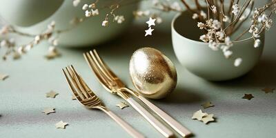 Celebrate Easter with gold cutlery, confetti, and softly colored eggs on a rustic green backdrop photo