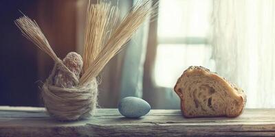 Easter bread and decorations on a rustic table celebrating spring tradition photo