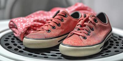Neatly folded summer clothes and shoes arranged on a light gray background photo
