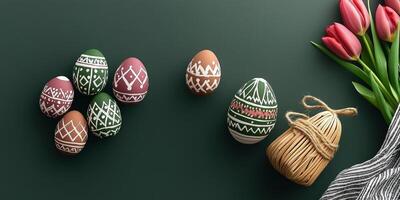 Hand painted pastel eggs in a basket with tulips on olive background from above photo