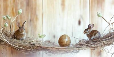 Bronze easter egg and rabbits arranged in a nest of catkins on a rustic wooden table photo