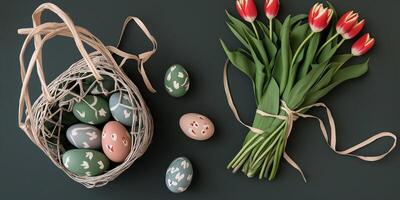 Hand painted pastel egg basket with tulips on olive background displayed from above photo