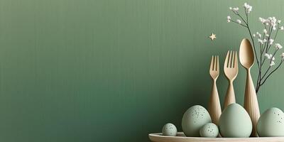 Elegant Easter table setting with gold cutlery and calm-toned eggs on green background photo