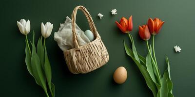 Hand painted pastel egg basket with tulips on olive background in top view photo