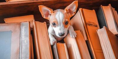 Puppy peeking from between books on a white background in a cozy setting photo