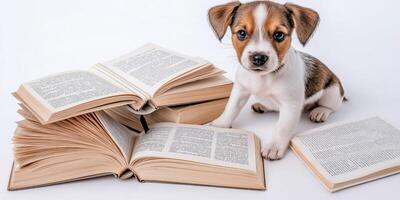 Cute puppy sits beside open books on a white background in playful study moment photo