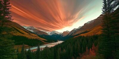 Majestic sunset over serene mountain landscape with vibrant skies and lush greenery photo