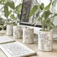 Creative workspace featuring decorative planters and a modern computer setup photo