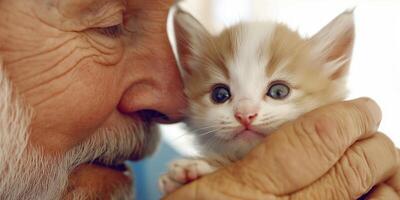 Doctor shares affection with his kitten and small dog in a warm setting photo