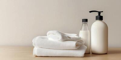 Clean napkins and towels arranged neatly on the table with space for additional text photo