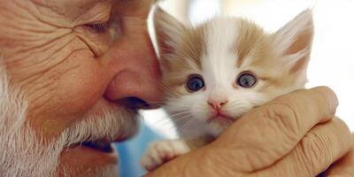 Close-up of a doctor having a joyful moment with a kitten and a small dog photo