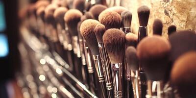 Professional makeup brushes arranged neatly in a beauty salon for client use photo