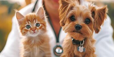 Caring veterinarian holds a kitten and a small dog in a compassionate setting outdoors photo