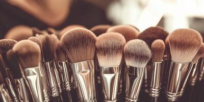 Professional make up brushes displayed neatly at a beauty salon for client use photo