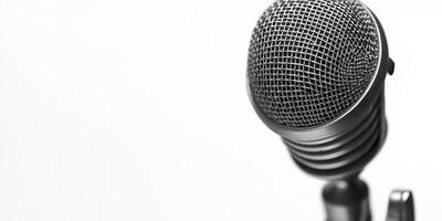 Vintage microphone resting against a white background showcasing its classic design and texture photo