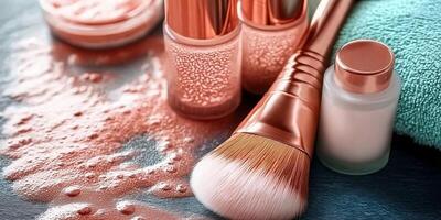 Cosmetics and makeup brushes arranged on a table with spilled products in soft lighting photo