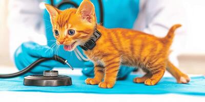 Veterinarian examines playful kitten during routine checkup at animal clinic photo