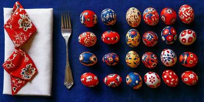 Brightly painted Easter eggs arranged on dark blue background with a napkin and fork photo