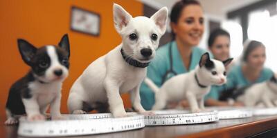 Veterinarian assists with puppy and kitten checkup at animal clinic during routine vaccination visit photo