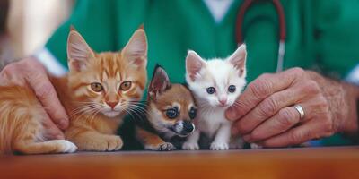 Close-up view of a doctor holding a kitten and a small dog in a caring moment photo