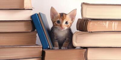 Cute kitten peeking out from between stacks of books on a white background photo