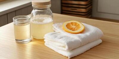 Clean napkins and towels arranged on wooden table with refreshing beverage and slice of orange photo