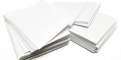 Blank paper cards stacked neatly on a white background for creative projects and notes photo