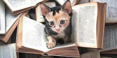 Cute kitten nestled among open books on a white background creating a cozy reading atmosphere photo