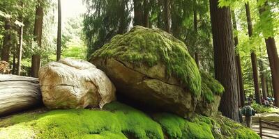 Green moss blankets rocks and grass in a serene forest environment photo