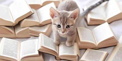 Cute kitten exploring stacks of open books on a white background photo