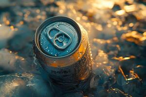 Cold canned drink on ice, sunset light. photo