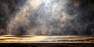 Empty wooden table against smoky, textured background. photo