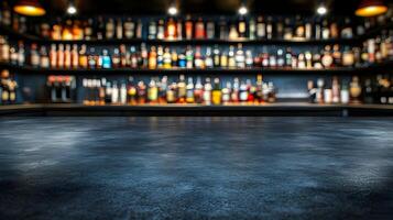 Dark bar counter with blurred liquor bottles. photo