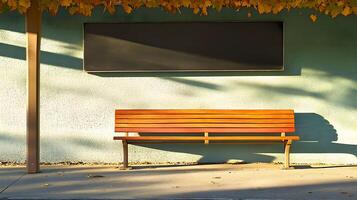 Empty park bench with blank sign under autumn leaves. photo