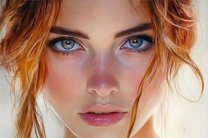 Redhead woman with intense blue eyes, light background photo