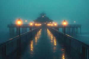Foggy pier at night with glowing lamps, ocean view photo