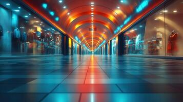 Illuminated shopping arcade tunnel with glowing storefronts at night photo