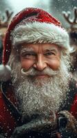 Smiling Santa in snowy woods with reindeer photo